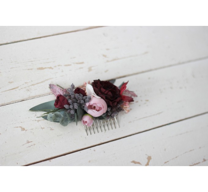 Flower comb in burgundy dusty pink color scheme. Wedding accessories for hair. Bridal flower comb. Bridesmaid floral comb. 5019