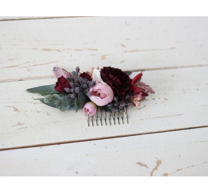 Flower comb in burgundy dusty pink color scheme. Wedding accessories for hair. Bridal flower comb. Bridesmaid floral comb. 5019