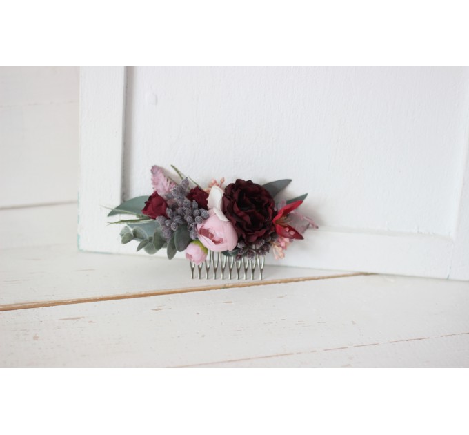 Flower comb in burgundy dusty pink color scheme. Wedding accessories for hair. Bridal flower comb. Bridesmaid floral comb. 5019