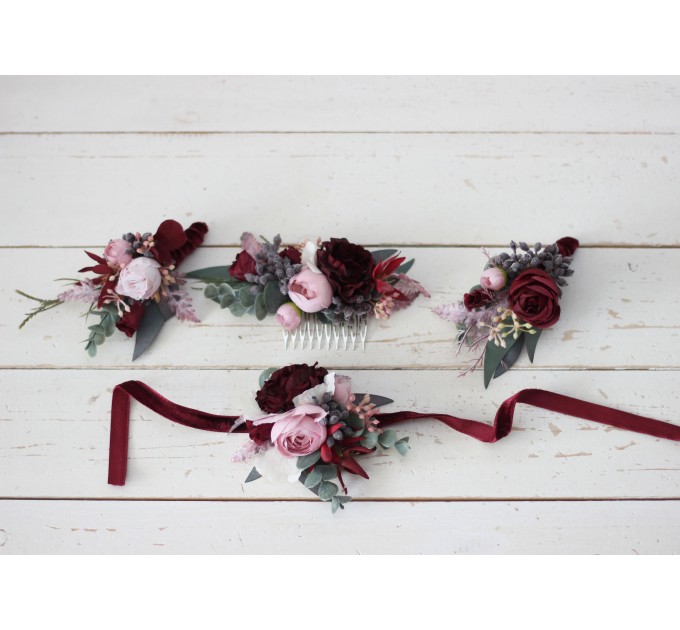 Flower comb in burgundy dusty pink color scheme. Wedding accessories for hair. Bridal flower comb. Bridesmaid floral comb. 5019