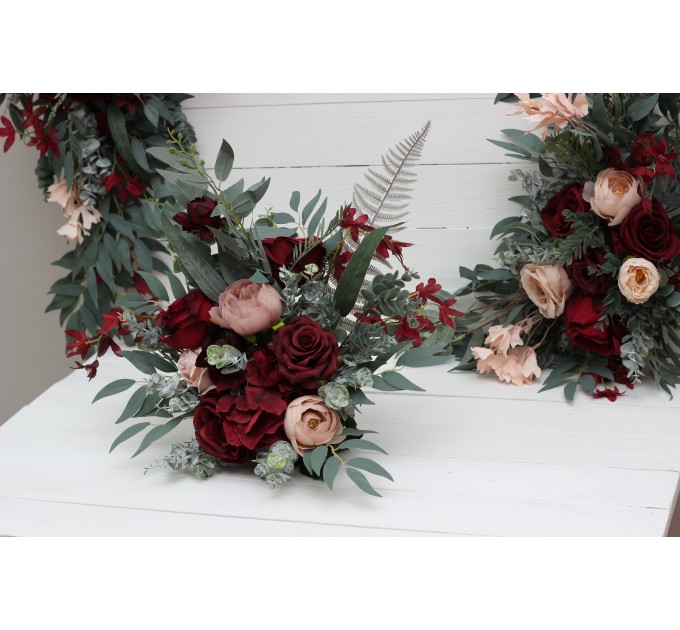  Flower arch arrangement in burgundy beige colors.  Arbor flowers. Floral archway. Faux flowers for wedding arch. 5018