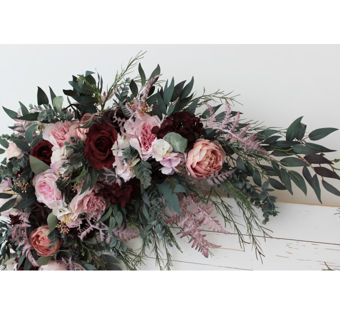  Flower arch arrangement in burgundy dusty pink colors.  Arbor flowers. Floral archway. Faux flowers for wedding arch. 5019