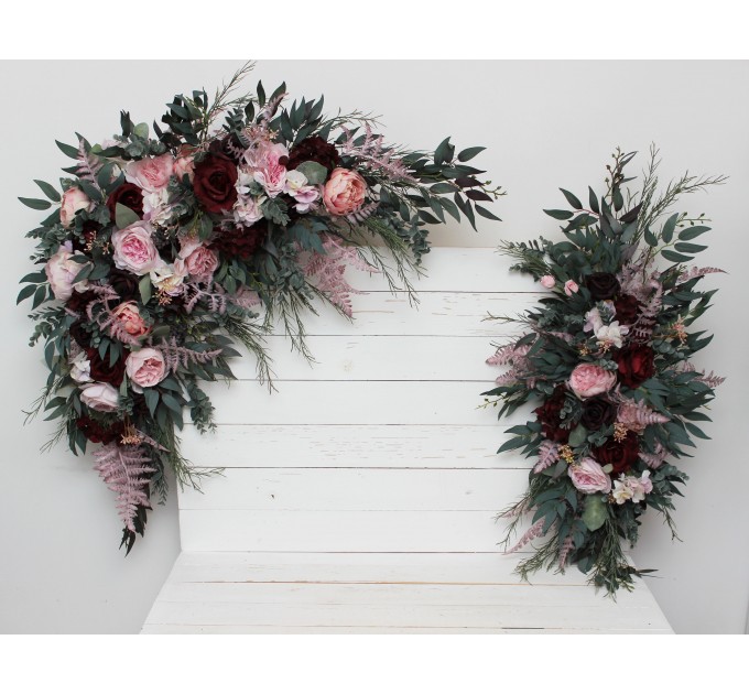  Flower arch arrangement in burgundy dusty pink colors.  Arbor flowers. Floral archway. Faux flowers for wedding arch. 5019