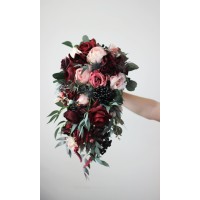 Wedding bouquets in burgundy black pink colors. Bridal bouquet. Cascading bouquet. Faux bouquet. Bridesmaid bouquet. 5020