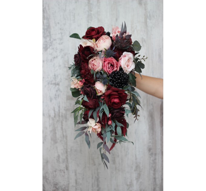 Burgundy, and Pink Wedding Bouquets – Cascading Faux Bridal Designs