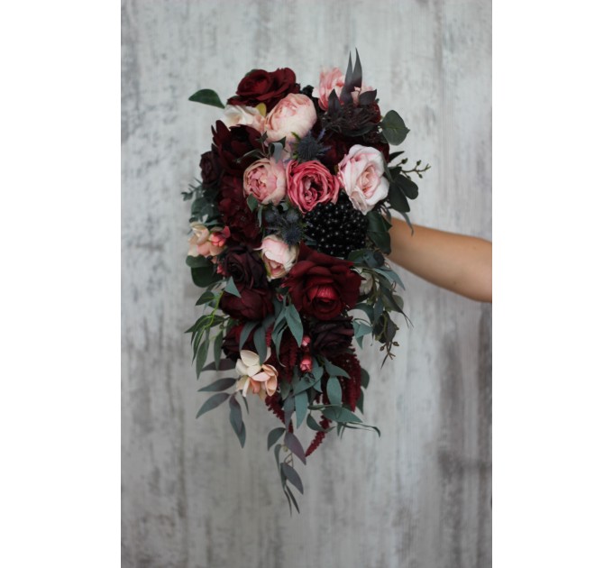 Burgundy, and Pink Wedding Bouquets – Cascading Faux Bridal Designs