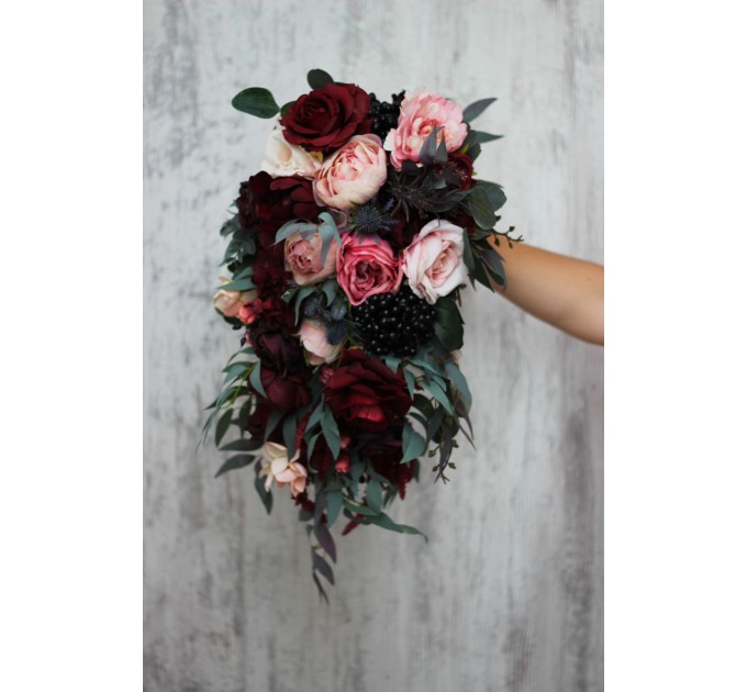 Burgundy, and Pink Wedding Bouquets – Cascading Faux Bridal Designs
