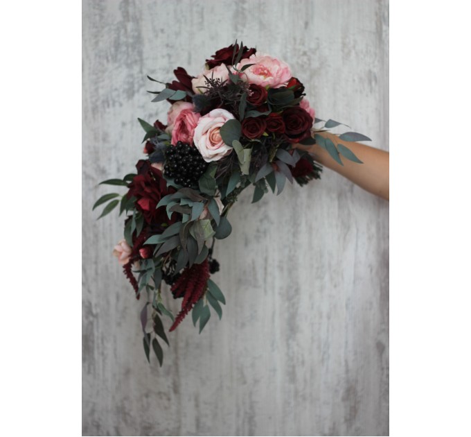 Wedding bouquets in burgundy black pink colors. Bridal bouquet. Cascading bouquet. Faux bouquet. Bridesmaid bouquet. 5020