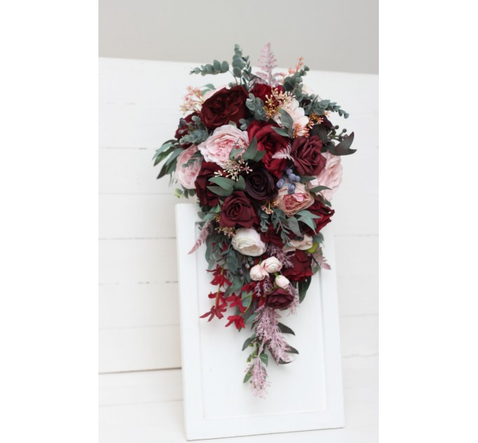 Wedding bouquets in burgundy dusty pink colors. Bridal bouquet. Cascading bouquet. Faux bouquet. Bridesmaid bouquet. 5019