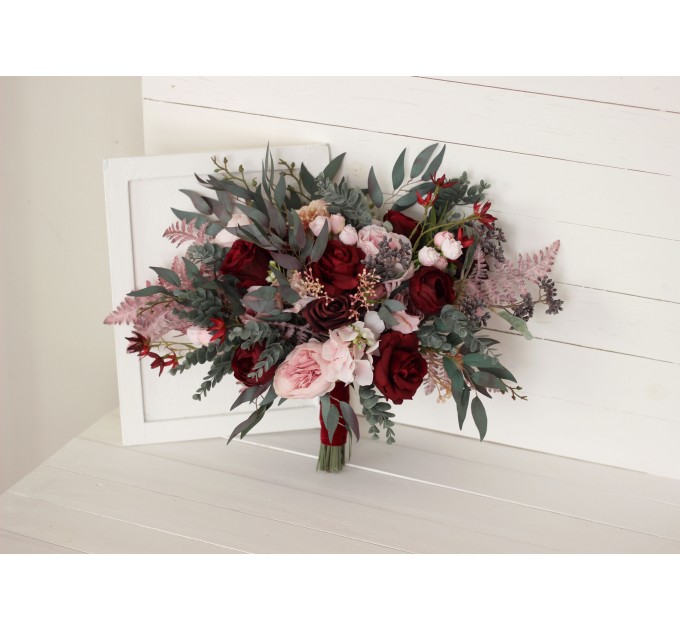 Wedding bouquets in burgundy dusty pink colors. Bridal bouquet. Cascading bouquet. Faux bouquet. Bridesmaid bouquet. 5019