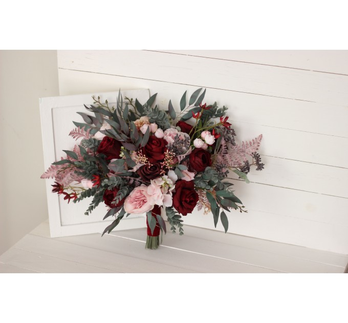 Wedding bouquets in burgundy dusty pink colors. Bridal bouquet. Cascading bouquet. Faux bouquet. Bridesmaid bouquet. 5019