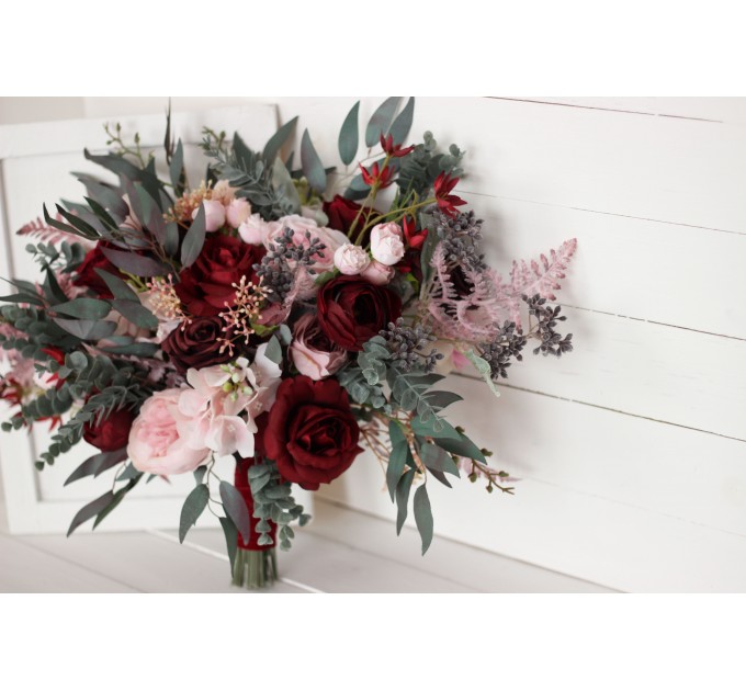 Wedding bouquets in burgundy dusty pink colors. Bridal bouquet. Cascading bouquet. Faux bouquet. Bridesmaid bouquet. 5019