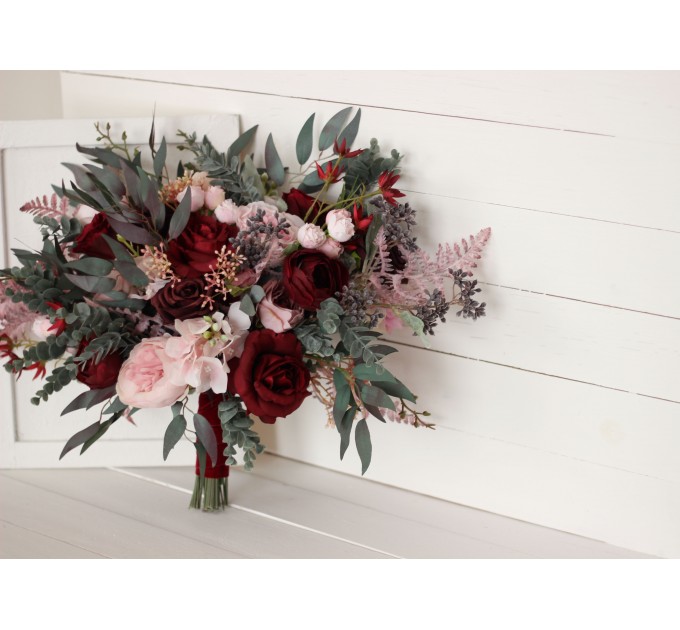 Wedding bouquets in burgundy dusty pink colors. Bridal bouquet. Cascading bouquet. Faux bouquet. Bridesmaid bouquet. 5019