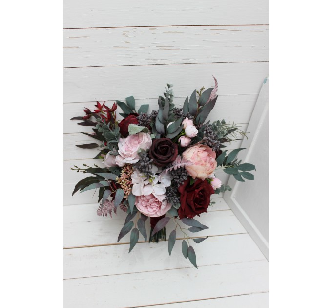 Wedding bouquets in burgundy dusty pink colors. Bridal bouquet. Cascading bouquet. Faux bouquet. Bridesmaid bouquet. 5019