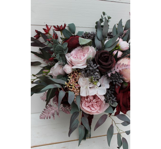 Wedding bouquets in burgundy dusty pink colors. Bridal bouquet. Cascading bouquet. Faux bouquet. Bridesmaid bouquet. 5019