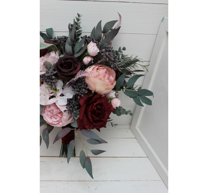 Wedding bouquets in burgundy dusty pink colors. Bridal bouquet. Cascading bouquet. Faux bouquet. Bridesmaid bouquet. 5019
