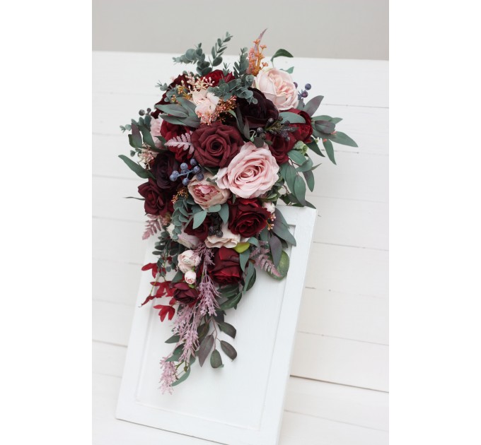 Wedding bouquets in burgundy dusty pink colors. Bridal bouquet. Cascading bouquet. Faux bouquet. Bridesmaid bouquet. 5019