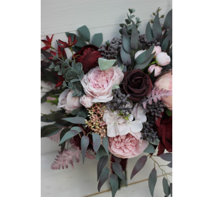 Wedding bouquets in burgundy dusty pink colors. Bridal bouquet. Cascading bouquet. Faux bouquet. Bridesmaid bouquet. 5019