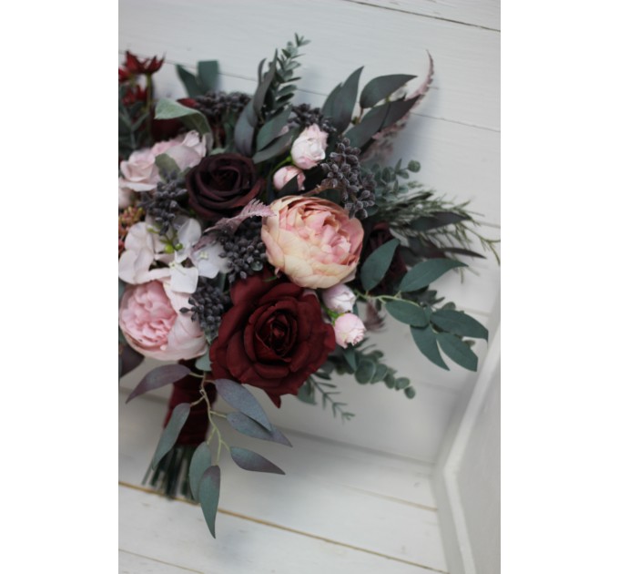 Wedding bouquets in burgundy dusty pink colors. Bridal bouquet. Cascading bouquet. Faux bouquet. Bridesmaid bouquet. 5019