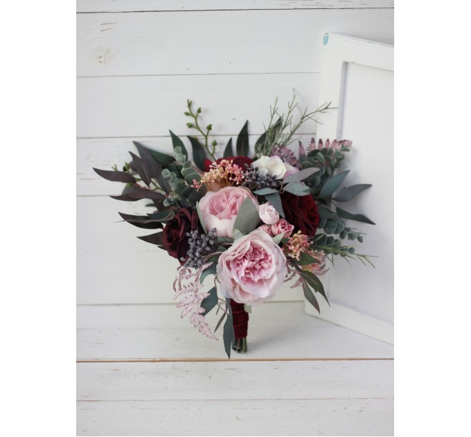 Wedding bouquets in burgundy dusty pink colors. Bridal bouquet. Cascading bouquet. Faux bouquet. Bridesmaid bouquet. 5019