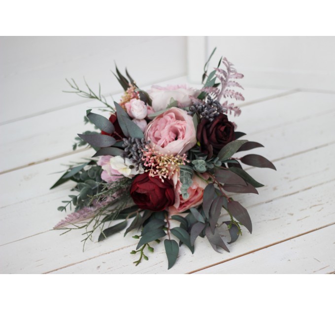 Wedding bouquets in burgundy dusty pink colors. Bridal bouquet. Cascading bouquet. Faux bouquet. Bridesmaid bouquet. 5019
