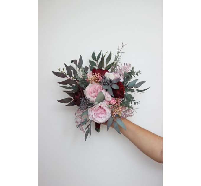 Wedding bouquets in burgundy dusty pink colors. Bridal bouquet. Cascading bouquet. Faux bouquet. Bridesmaid bouquet. 5019
