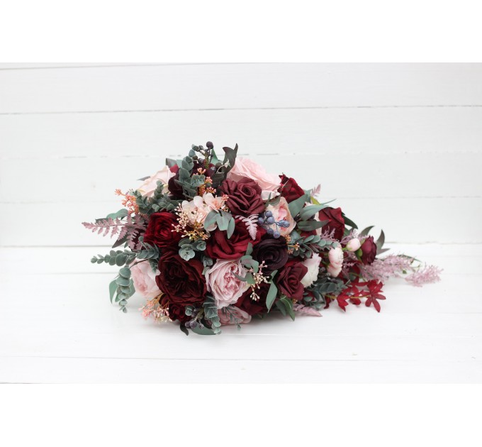 Wedding bouquets in burgundy dusty pink colors. Bridal bouquet. Cascading bouquet. Faux bouquet. Bridesmaid bouquet. 5019