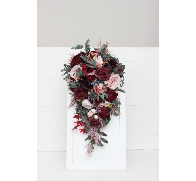 Wedding bouquets in burgundy dusty pink colors. Bridal bouquet. Cascading bouquet. Faux bouquet. Bridesmaid bouquet. 5019