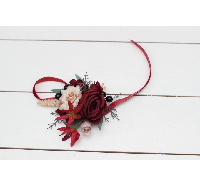 Wedding Boutonnieres & Wrist Corsage in Burgundy & Beige | Faux Flower Accessories