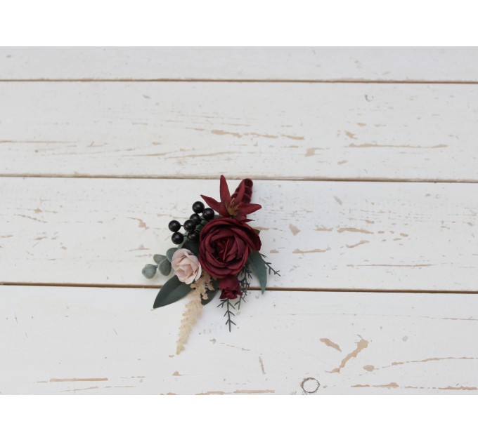 Wedding Boutonnieres & Wrist Corsage in Burgundy & Beige | Faux Flower Accessories