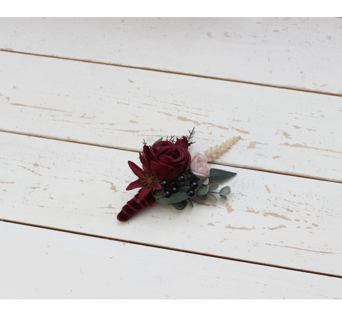 Wedding Boutonnieres & Wrist Corsage in Burgundy & Beige | Faux Flower Accessories