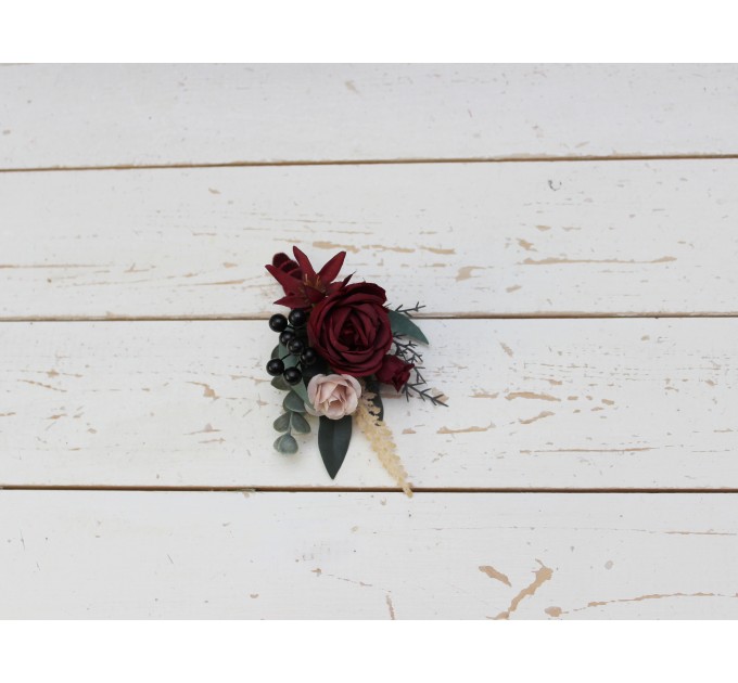Wedding Boutonnieres & Wrist Corsage in Burgundy & Beige | Faux Flower Accessories