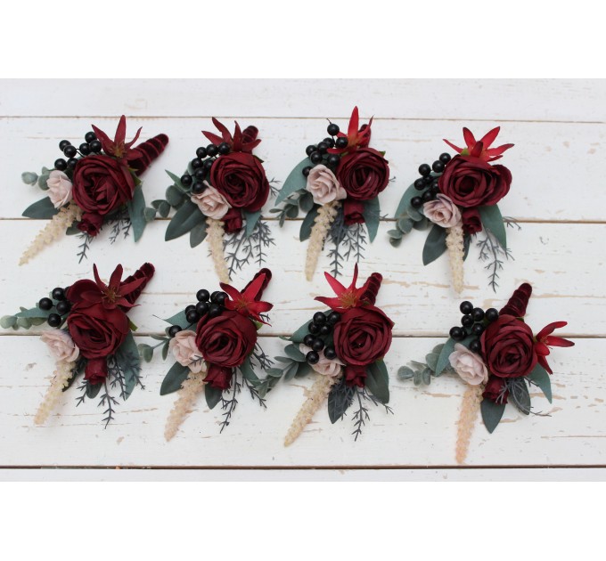 Wedding Boutonnieres & Wrist Corsage in Burgundy & Beige | Faux Flower Accessories