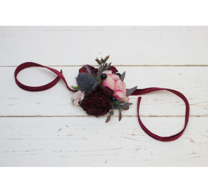 Wedding Boutonnières & Wrist Corsage in Burgundy, Black & Pink | Faux Flower Accessories