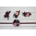  Wedding boutonnieres and wrist corsage  in burgundy black pink color scheme. Flower accessories. 5020
