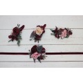 Wedding Boutonnières & Wrist Corsage in Burgundy, Black & Pink | Faux Flower Accessories