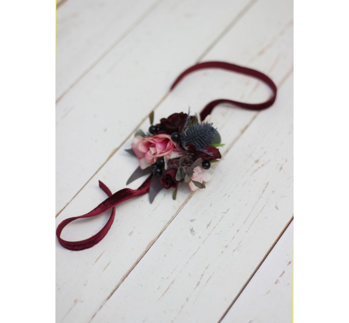 Wedding Boutonnières & Wrist Corsage in Burgundy, Black & Pink | Faux Flower Accessories