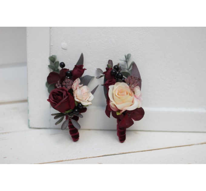 Wedding Boutonnières & Wrist Corsage in Burgundy, Black & Pink | Faux Flower Accessories