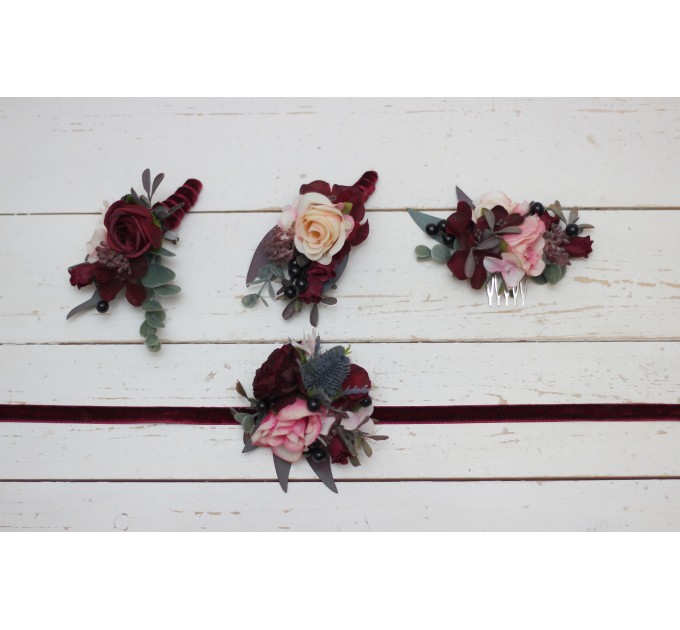 Wedding Boutonnières & Wrist Corsage in Burgundy, Black & Pink | Faux Flower Accessories