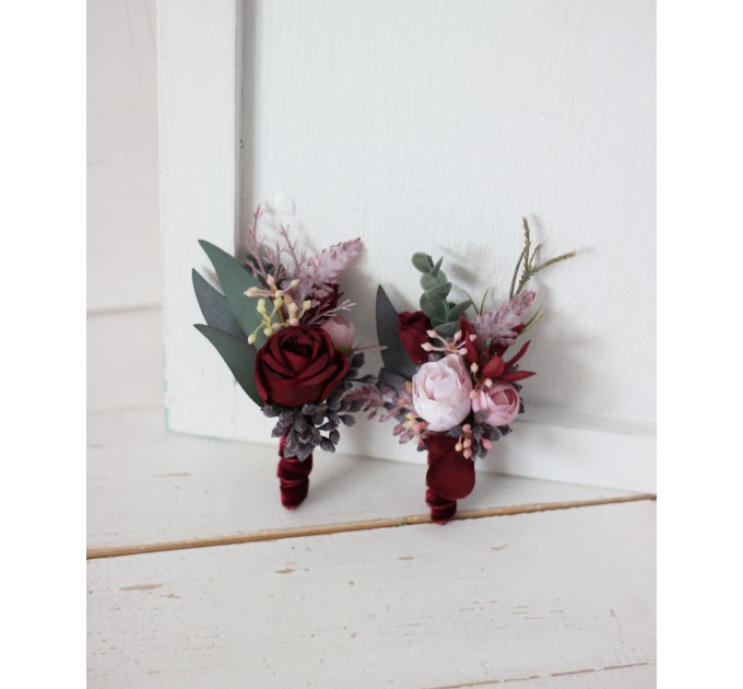  Wedding boutonnieres and wrist corsage  in burgundy dusty pink color scheme. Flower accessories. 5019
