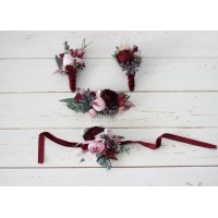  Wedding boutonnieres and wrist corsage  in burgundy dusty pink color scheme. Flower accessories. 5019