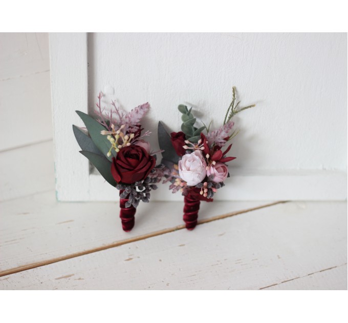  Wedding boutonnieres and wrist corsage  in burgundy dusty pink color scheme. Flower accessories. 5019