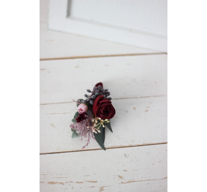  Wedding boutonnieres and wrist corsage  in burgundy dusty pink color scheme. Flower accessories. 5019