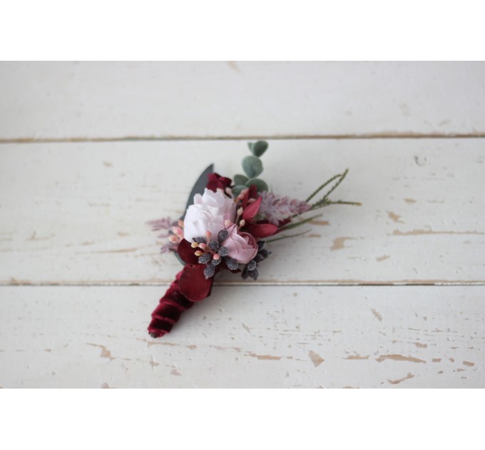  Wedding boutonnieres and wrist corsage  in burgundy dusty pink color scheme. Flower accessories. 5019