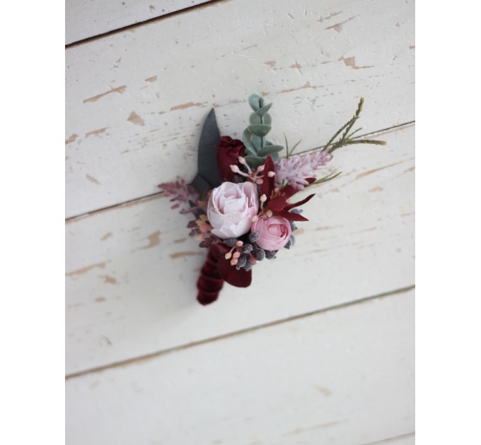  Wedding boutonnieres and wrist corsage  in burgundy dusty pink color scheme. Flower accessories. 5019