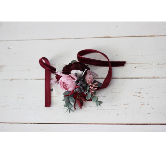  Wedding boutonnieres and wrist corsage  in burgundy dusty pink color scheme. Flower accessories. 5019