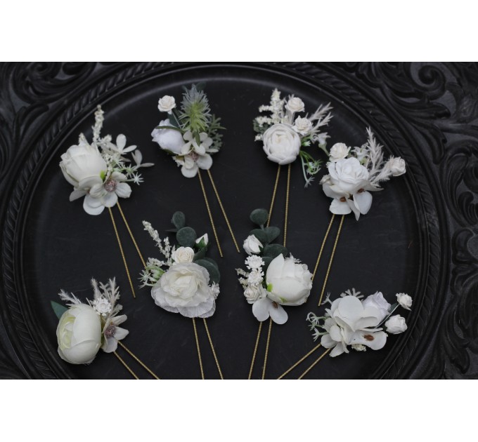  Set of 8 hair pins in  white color scheme. Hair accessories. Flower accessories for wedding. 5021