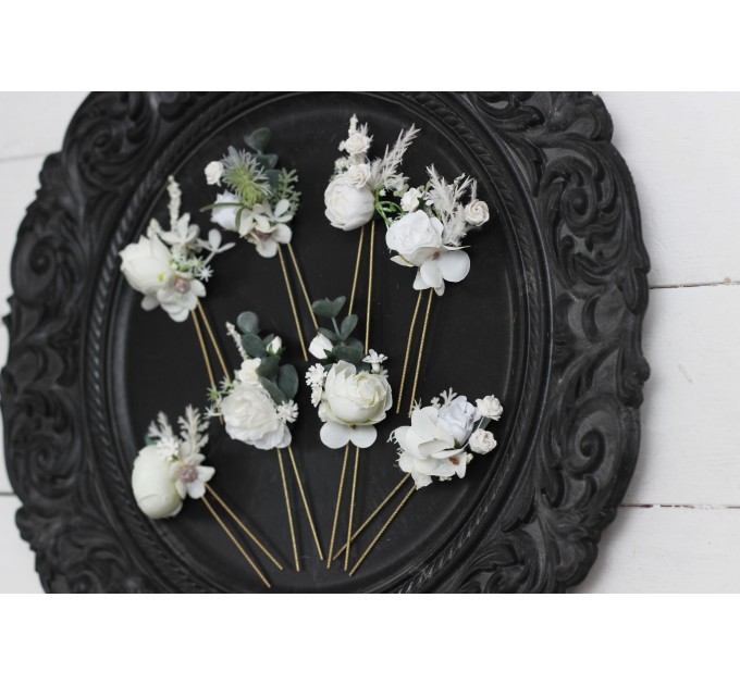  Set of 8 hair pins in  white color scheme. Hair accessories. Flower accessories for wedding. 5021