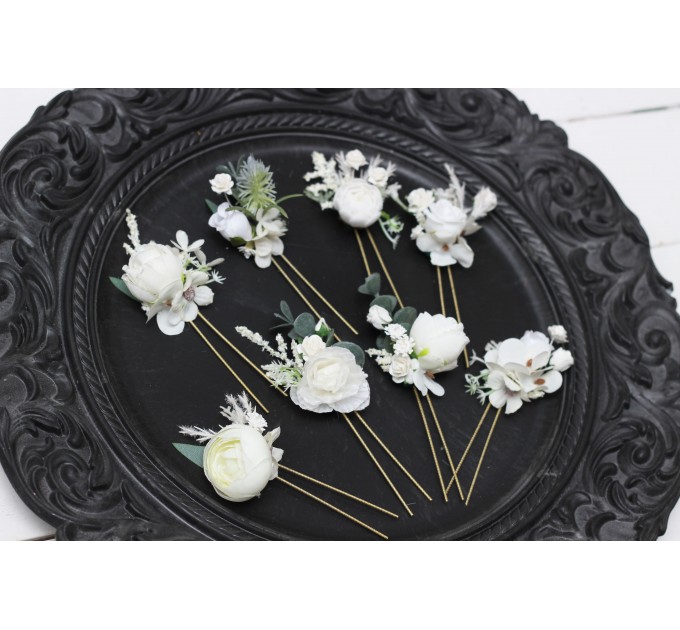  Set of 8 hair pins in  white color scheme. Hair accessories. Flower accessories for wedding. 5021