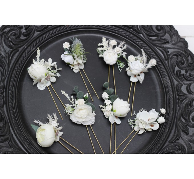  Set of 8 hair pins in  white color scheme. Hair accessories. Flower accessories for wedding. 5021